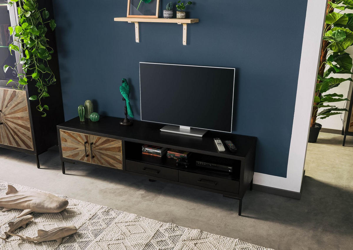 TV-BOARD Sheesham 178x45x50 schwarz lackiert SUN #106 - Schwarz, Holz (178/50/45cm) - Massivmoebel24