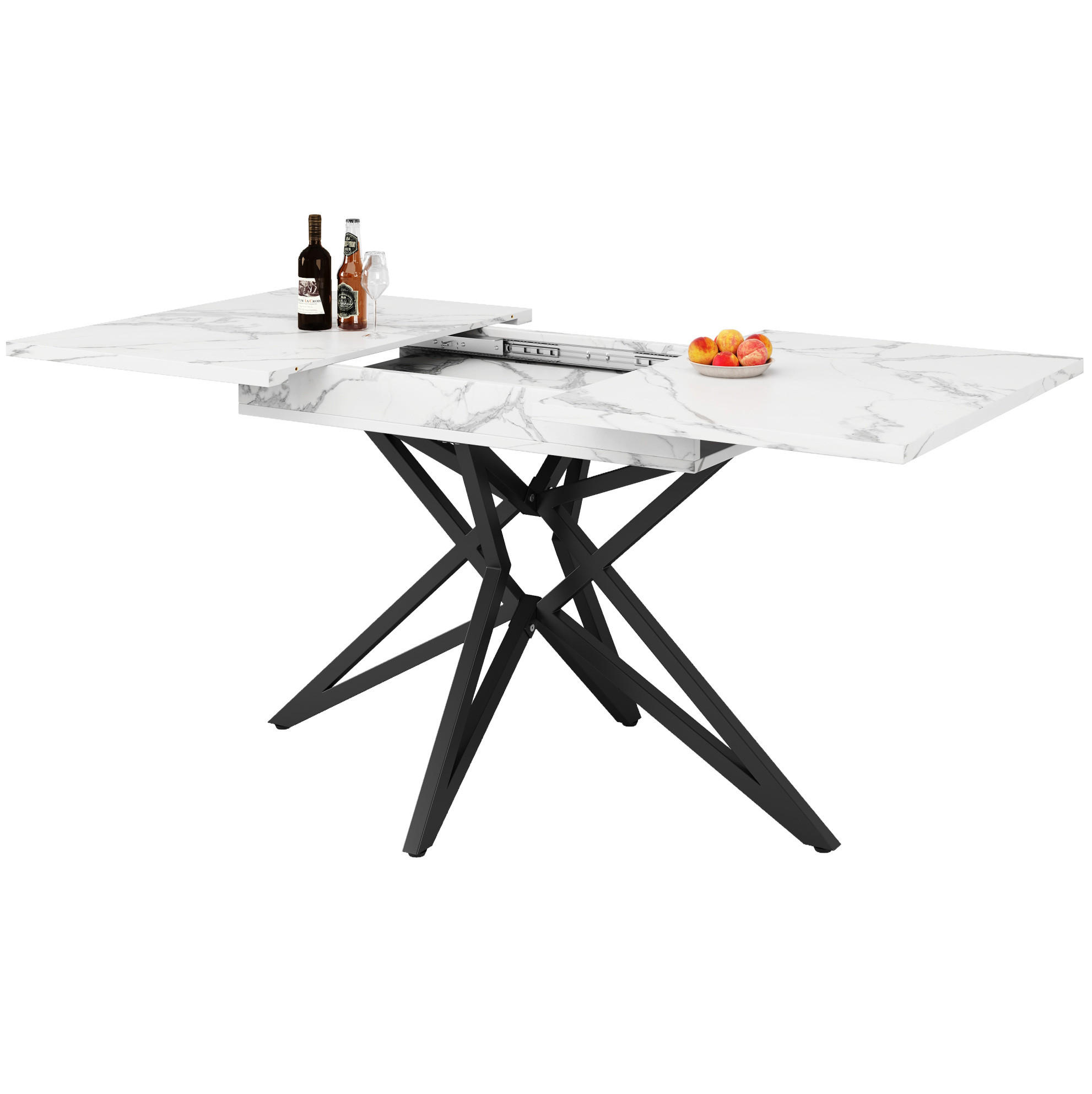 OKWISH JÍDELNÍ stůl 120(160)/80/76 cm bílý z MDF a kovu rozkládací s mramorovým dekorem