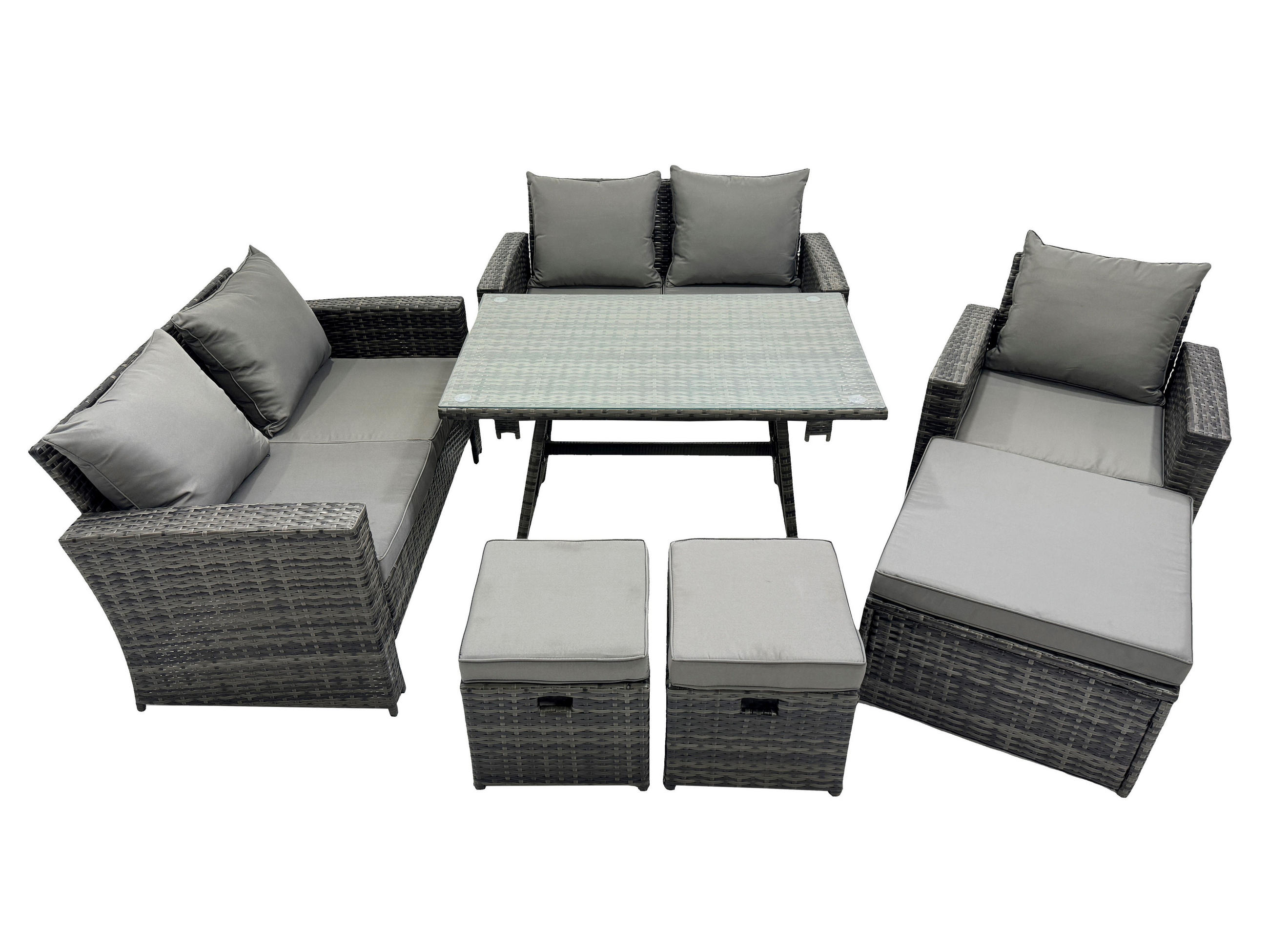 GARTENMÖBELSET mit ESSTISCH,HOCHLEHNER-SOFA Polyrattan Dunkelgrauer Mix 8-Sitzer - Dunkelgrau/Grau, Glas/Kunststoff - Fimous