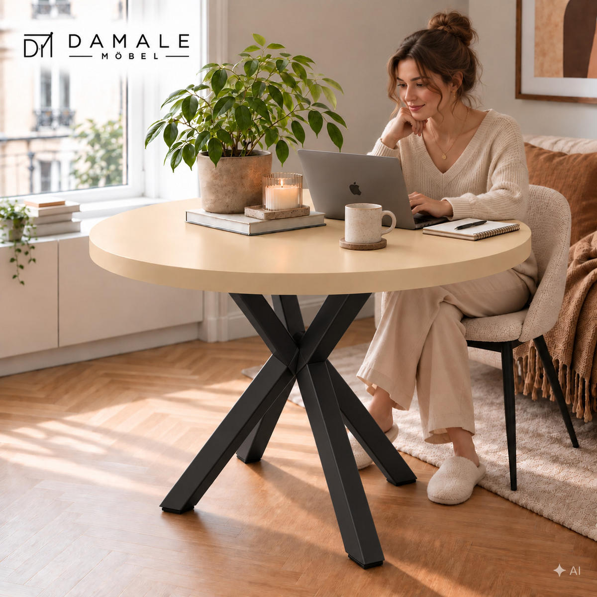 ESSTISCH rund ausziehbar 110-210/76 cm, Kaschmir, 54 cm Tischplatte + X Metallbeine Schwarz - Kaschmir/Schwarz, Holzwerkstoff/Metall (110/210/76cm) - Damale Möbel