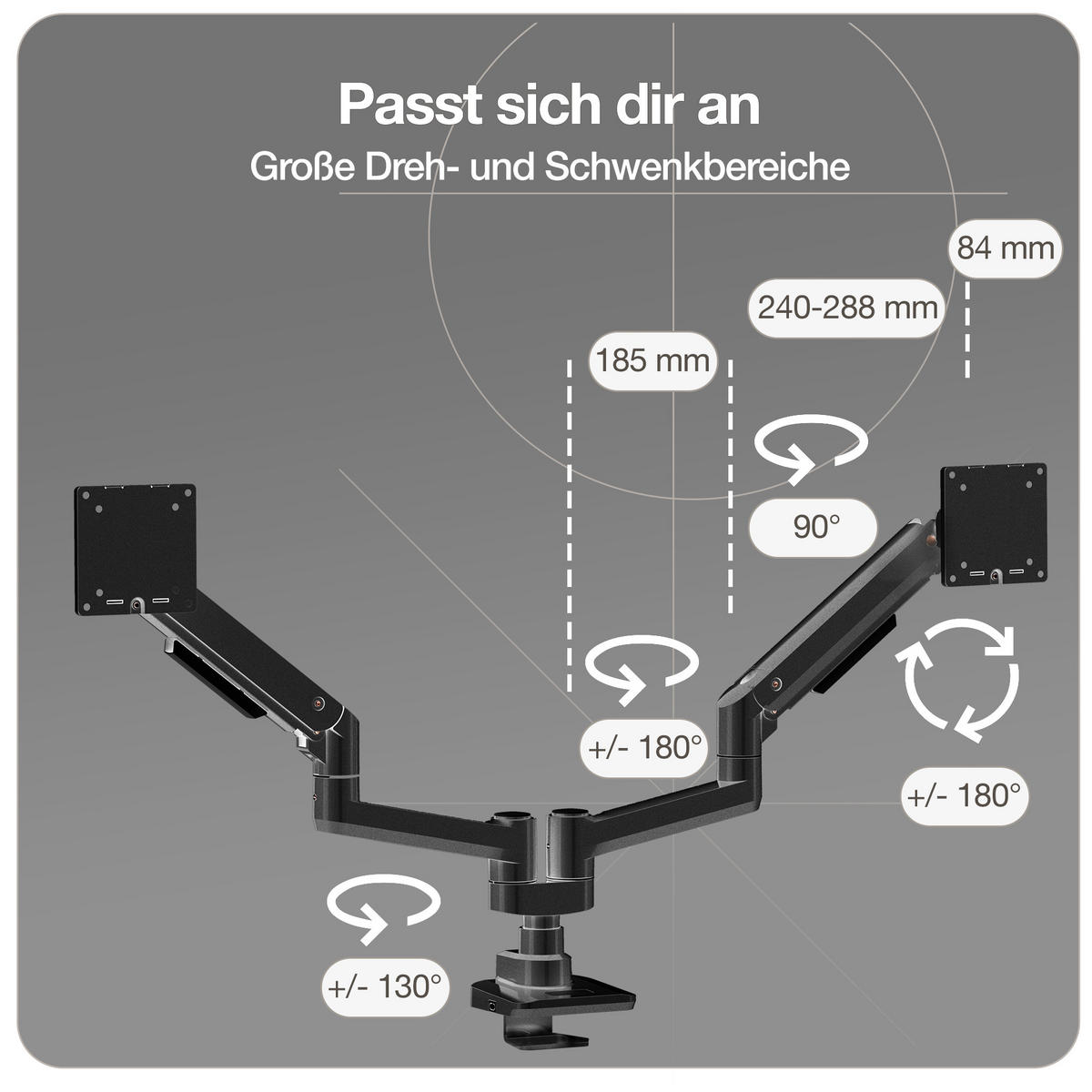 MONITORARM Doppel-Monitorarm in schwarz mit Gasfeder für 2 Monitore 17–35 Zoll bis je 20kg / Schwarz - Schwarz, Metall (25/50/13cm) - ASSMANN