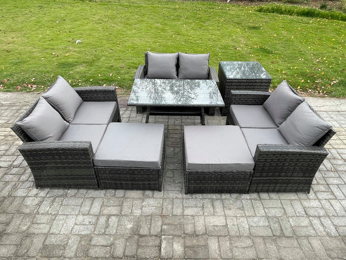 GARTENMÖBELSET mit ESSTISCH,HOCHLEHNER-SOFA Polyrattan Dunkelgrauer Mix 8-Sitzer - Dunkelgrau/Grau, Glas/Kunststoff - Fimous