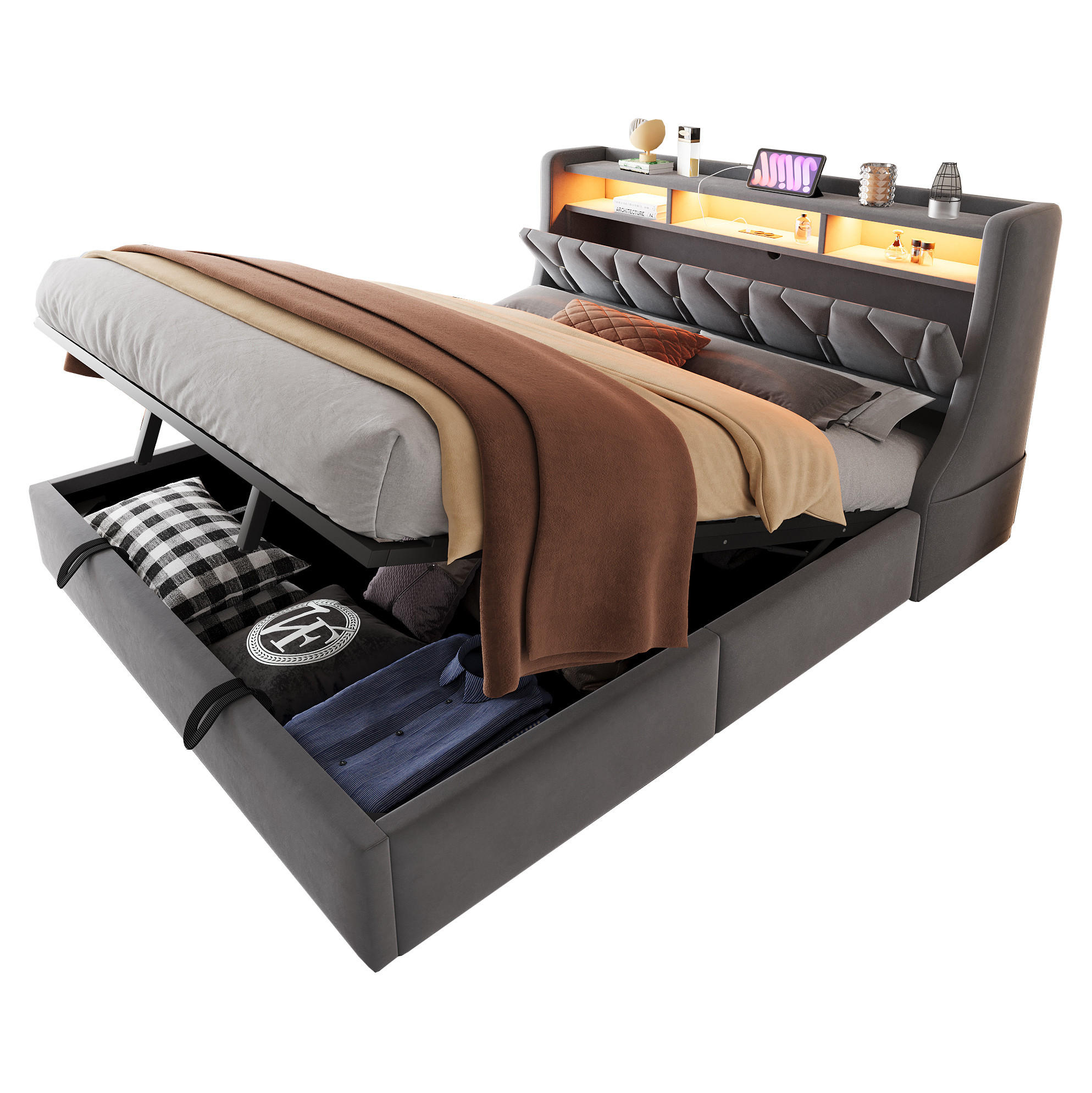 POLSTERBETT 180/200 cm aus Samt mit LED Stauraum und Kopfteil mit Steckdose Grau - Grau, Textil (180/200cm) - Modenvie