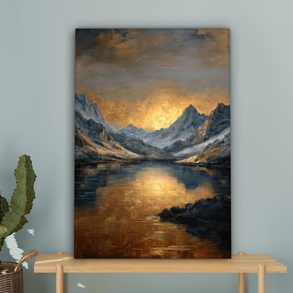 LEINWANDBILD Bergkulisse mit goldenem Sonnenuntergang Wanddeko Schlafzimmer 60x90 cm - Goldfarben, Textil (60/90cm) - MuchoWow