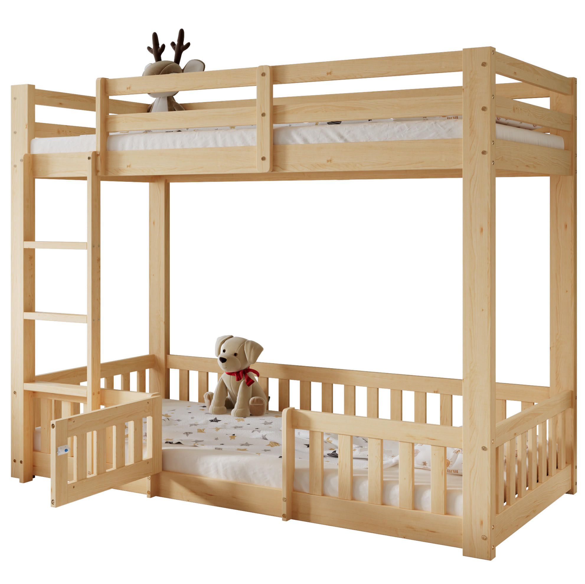 ETAGENBETT 90/200 cm aus Kiefer mit Treppe, Geländer und Tür in Natur - Naturfarben, Holz (90/200cm) - Flora Grace