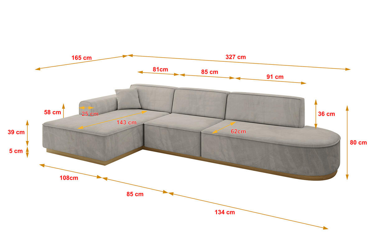 ROHOVÁ SEDAČKA s otomanem, levá IREA-L2-v2 327x165x80 Světle hnědá Velur - černá/světle hnědá, kompozitní dřevo/textil (328/171cm) - ALTDECOR