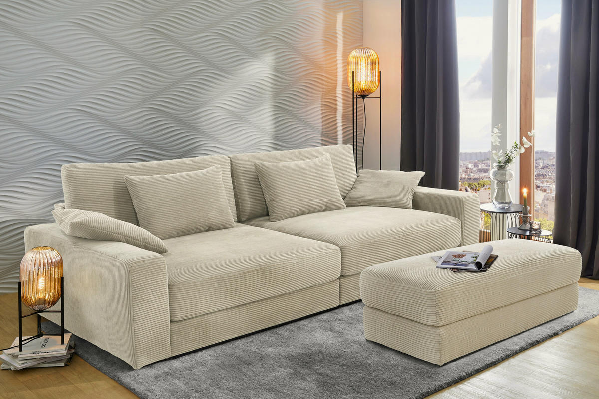 BIG-SOFA mit Federkern B290/T135/H90 cm extratief, Liegefläche 122x240 cm, Cord Beige Grau / 15251 - Greige/Beige, Kunststoff/Textil (290/90/135cm) - luma-home