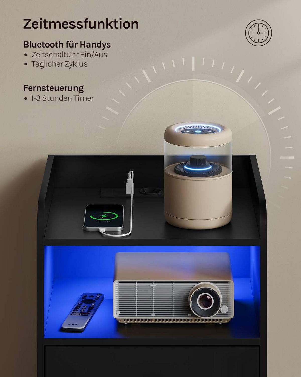 NACHTTISCH 2er Set mit LED-Licht, 2 Steckdosen , Holz, Schwarz - Schwarz, Holzwerkstoff (40/64/35cm) - Woltu