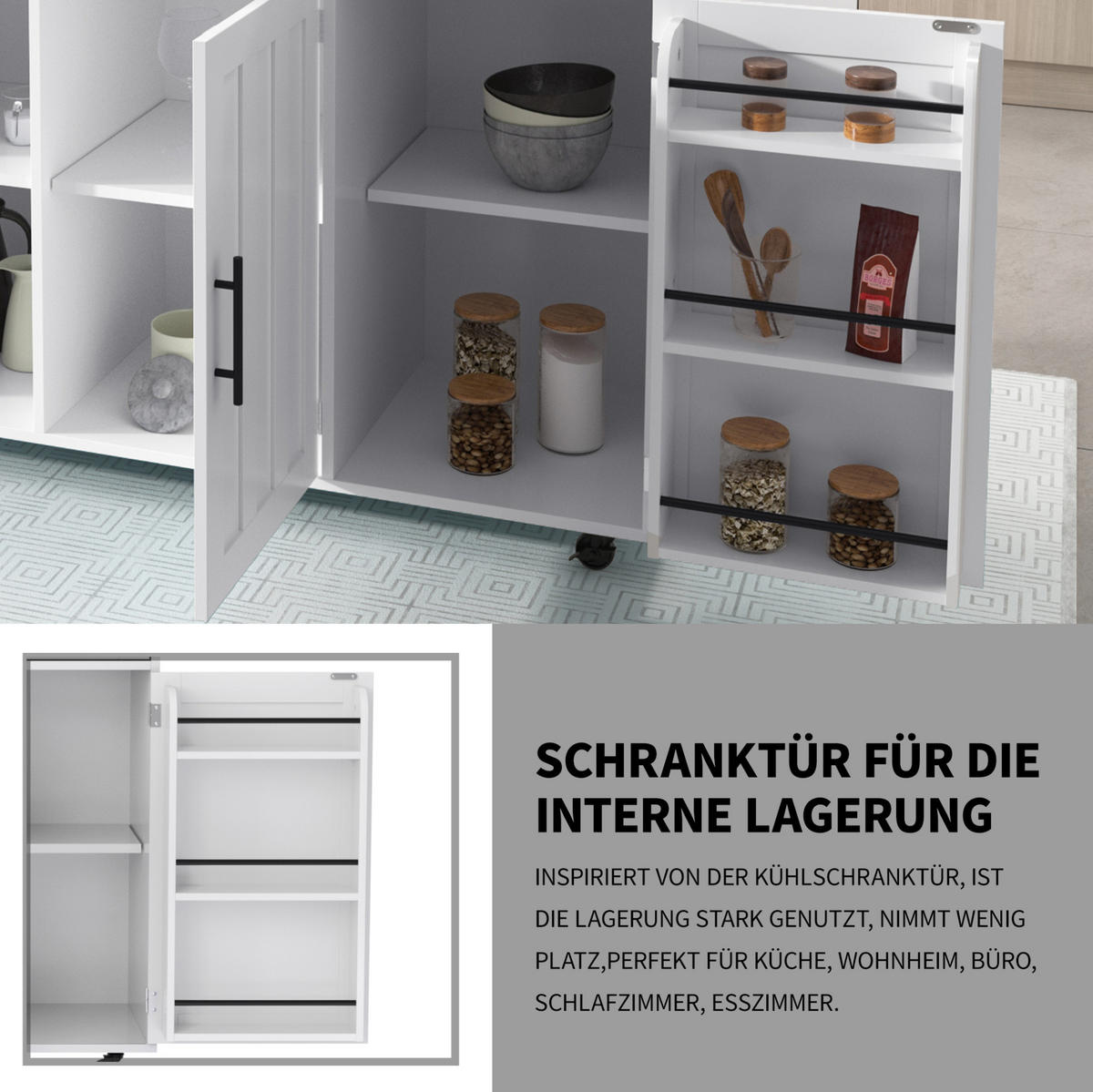 KÜCHENINSEL 129/46(71)/91,5 cm mit klappbarer Arbeitsplatte, Schubladen, Rollen und wechselbaren Füßen, Weiß - Weiß, Holzwerkstoff (120/91.5/46cm) - Redom