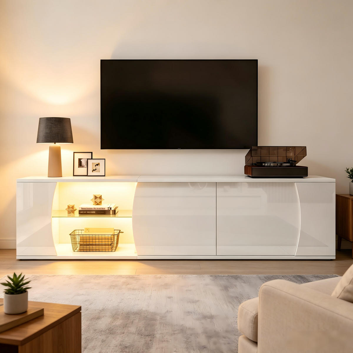 TV-ELEMENT 180/40/45 cm mit LED-Beleuchtung, Glastüren und Stauraum - Weiß, Holzwerkstoff (40/45/180cm) - Korfee