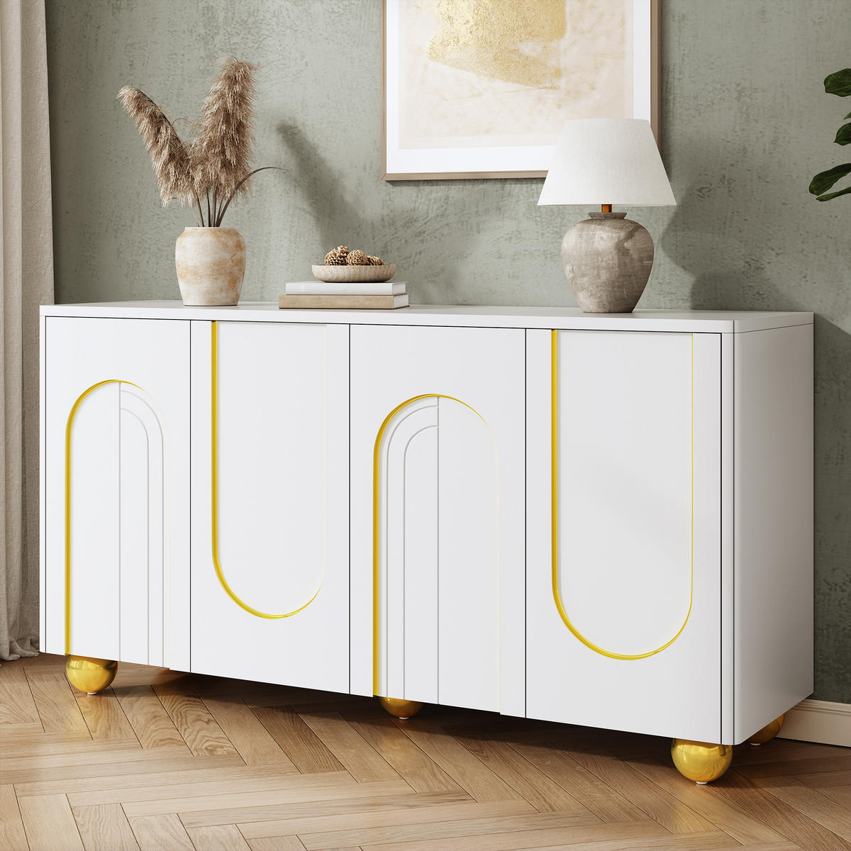 SIDEBOARD 4 Türen Goldlinien Design Metallfüße Modern Schrank - Weiß, Holzwerkstoff (140/74/40cm) - FLIEKS