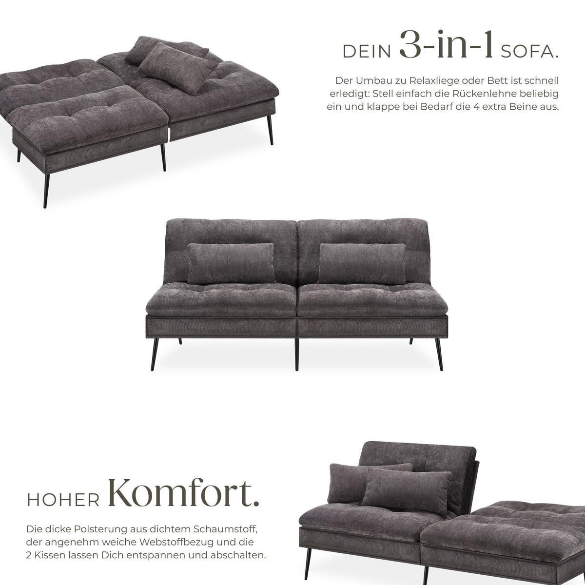 SCHLAFSOFA Tokio, Belastbarkeit 300 kg, 175 x 66 x 87 cm, grau - Grau, Kunststoff/Textil (108/45/175cm) - tectake