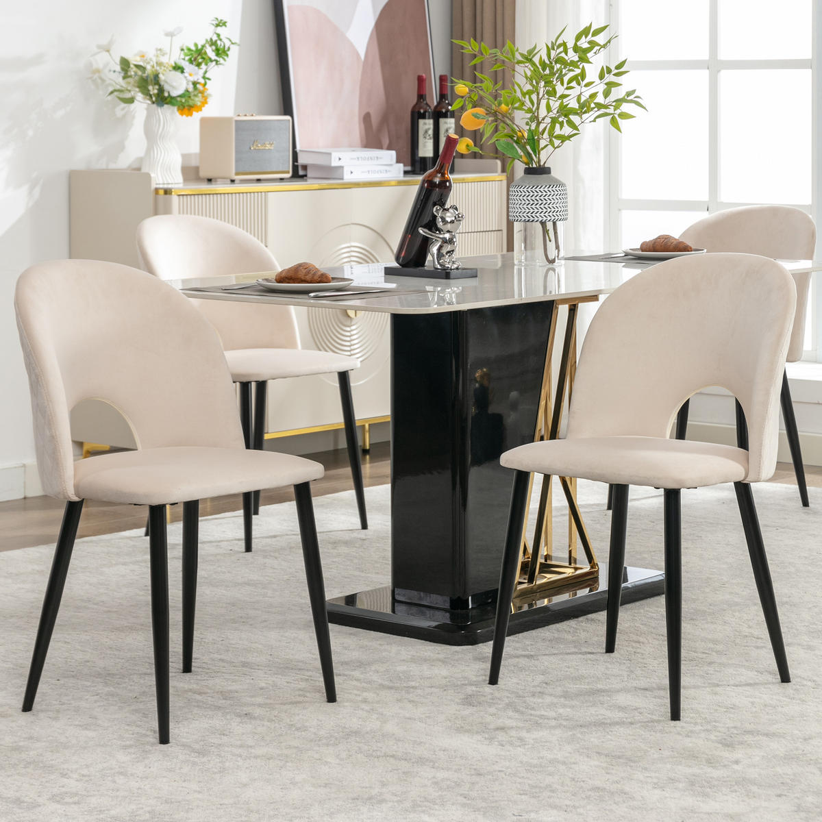 WOHNZIMMER STÜHLE mit Samtbezug, Diamantmuster und verstellbaren Füßen, Beige - Beige, Textil (47/84/44cm) - EVRYAE