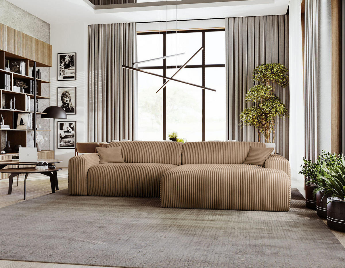ECKSOFA mit Longchair - Cord - Hellbraun/Schwarz, Kunststoff/Textil (284/178cm) - home24