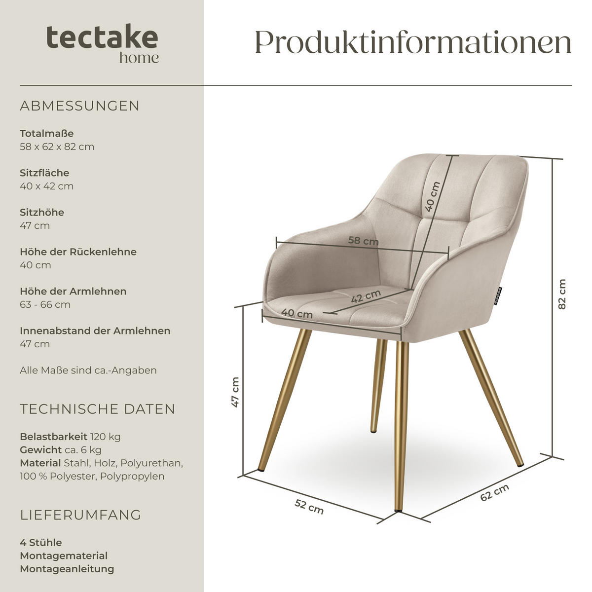 ESSZIMMERSTUHL 4er Set Marilyn,58 x 62 x 82 cm,taupe/gold - Taupe/Goldfarben, Kunststoff (58/82/62cm) - tectake