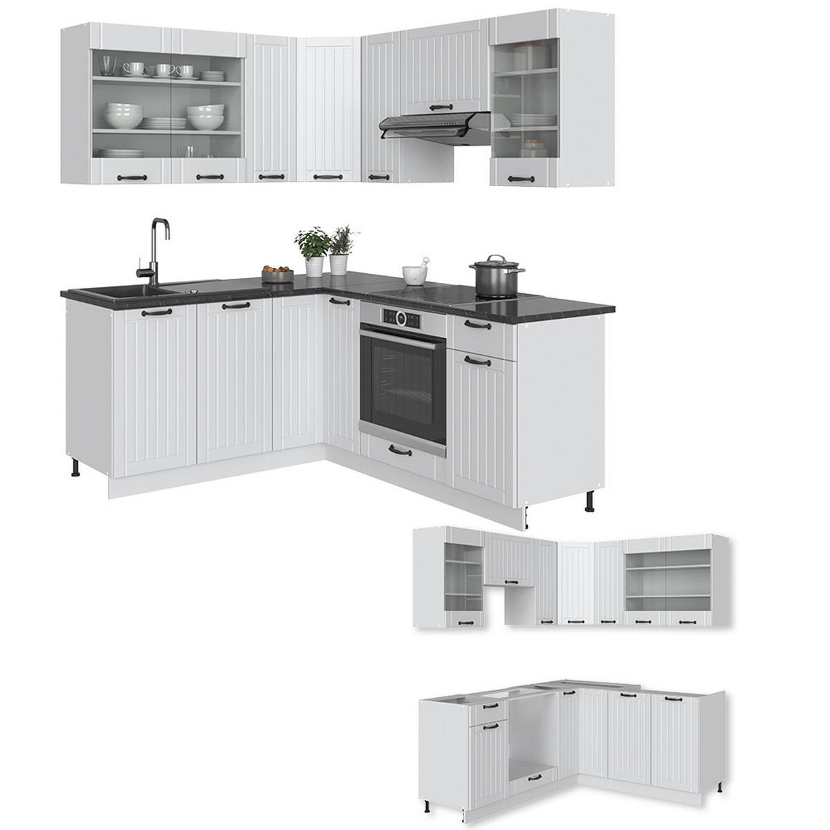 ECKKÜCHE Fame-Line Weiß Landhaus/Weiß 160 x 60 cm ohne AP - Creme/Weiß, Holzwerkstoff (190/81.6/46cm) - Vicco