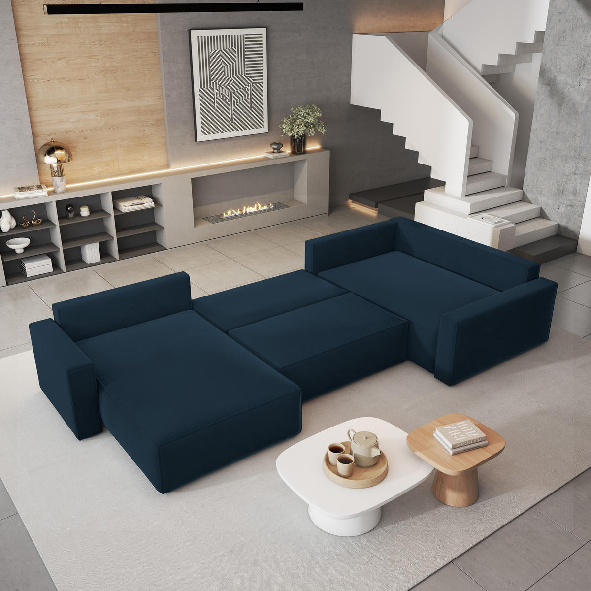 WOHNLANDSCHAFT VELAMI R-S Blau Velours-Stoff mit Schlaffunktion - Blau, Holz (365/83/194cm) - MASSENO