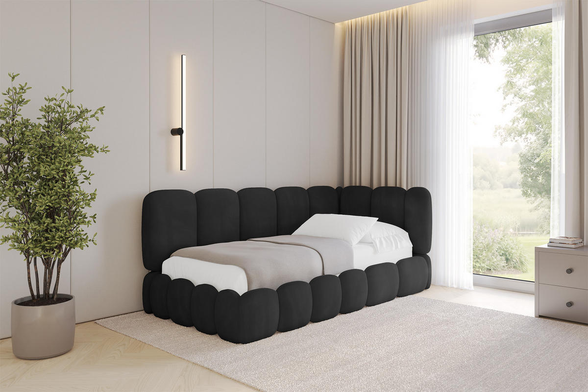 EINZELLBETT Jugendbett mit Bettkasten und Matratze H3/H4, Links - AVRY 80x200 Schwarz - Schwarz, Holzwerkstoff/Textil (80/200cm) - ALTDECOR