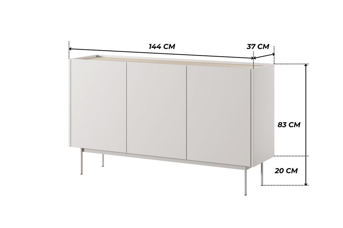 MODERNE Kommode LUMO K3D (Kaschmir Matt, Eiche Linea, Metallfüße, Soft-Close) - Kaschmir/Eichefarben, Holz/Holzwerkstoff (144/83/37cm) - Ravio