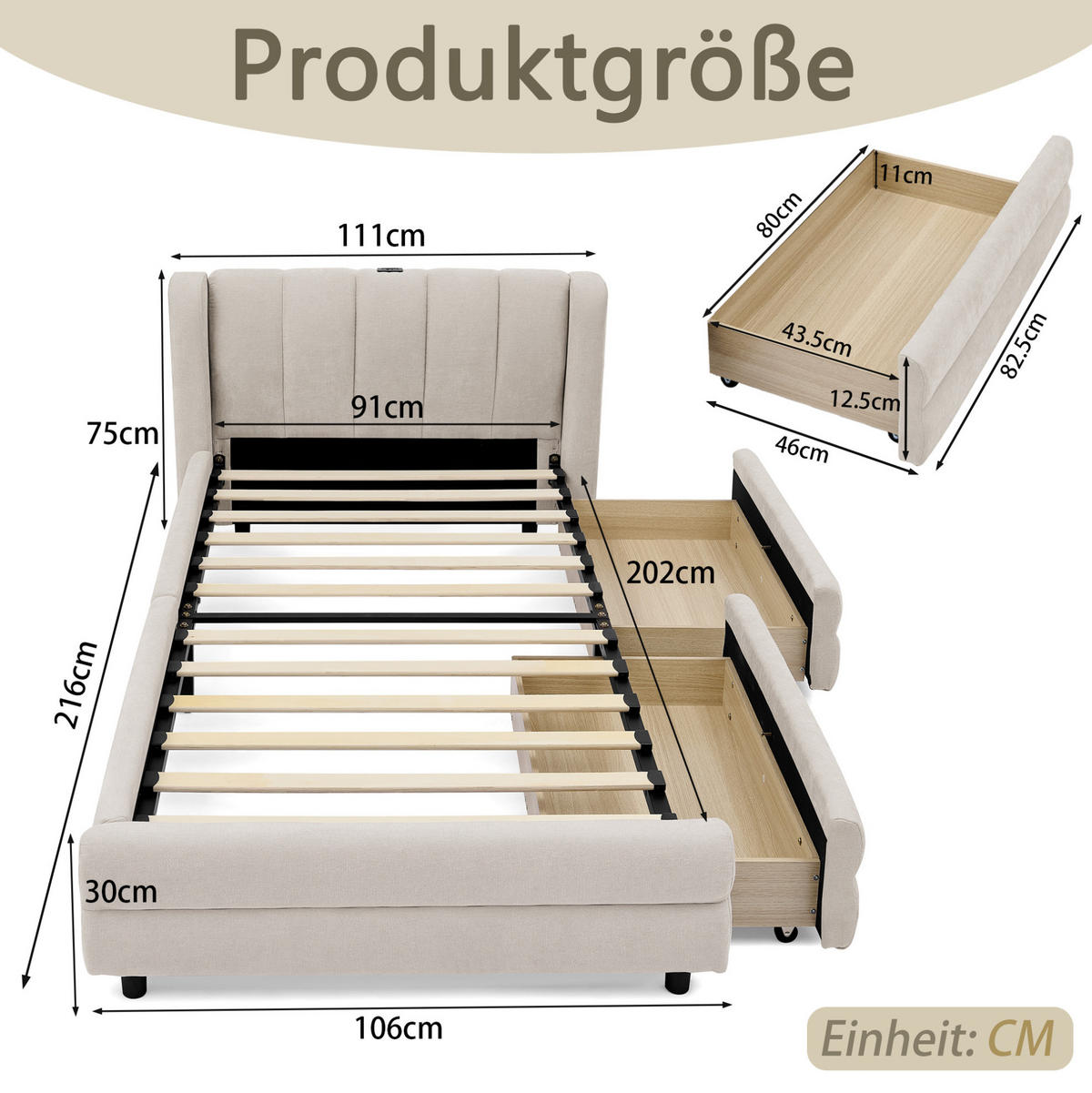 BETT mit Schubladen und USB 90x200 cm Chenille Beige - Beige, Holz (90/200cm) - Meubliv