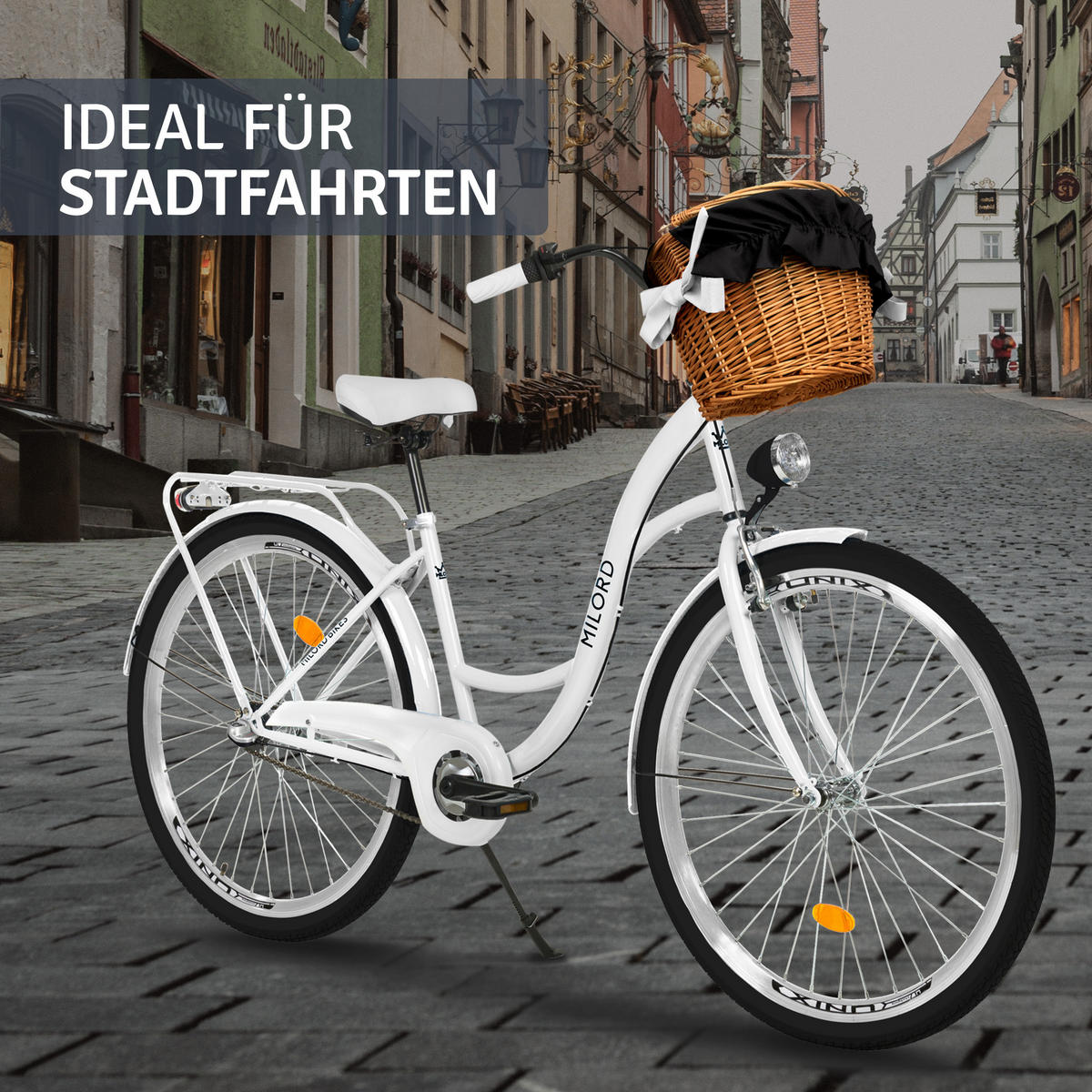 CITY-FAHRRAD Milord mit Weidenkorb, 28 Zoll, Weiß, 3-Gang - Weiß, Metall (46cm) - Milordbikes