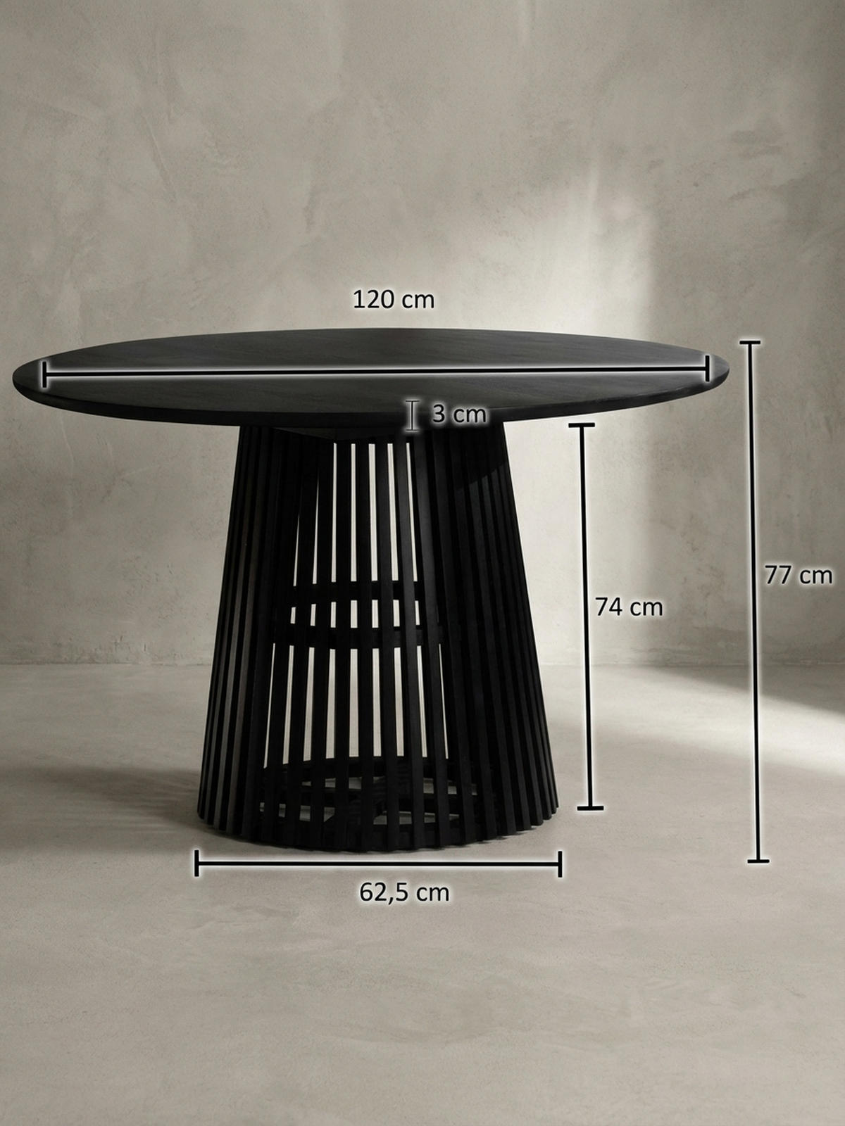 ESSTISCH – Rund Mango Massivholz Lamellengestell Matt-Schwarz handgefertigt - Schwarz, Mangoholz/Holz (120/120/77cm) - KADIMA DESIGN