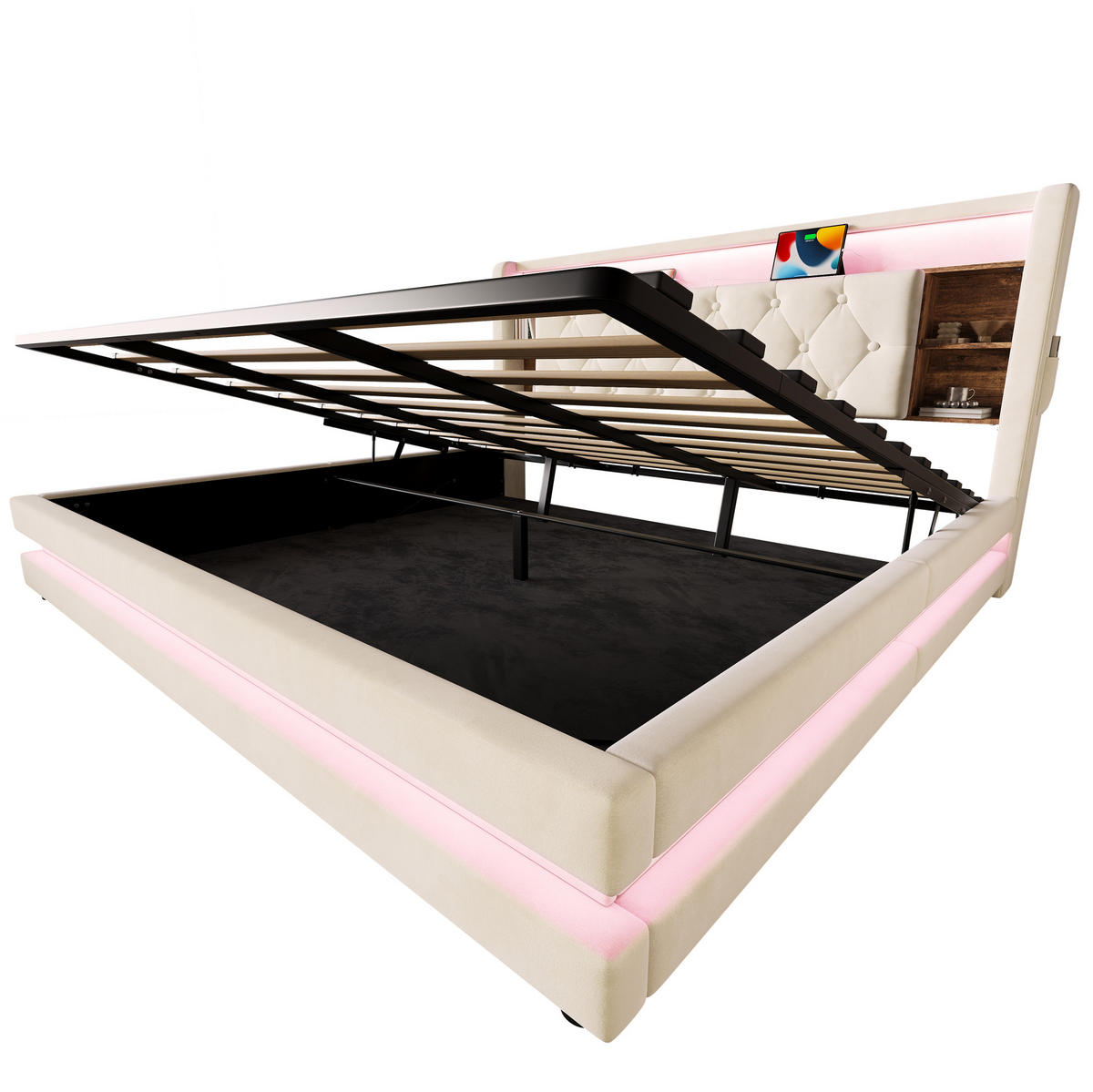 POLSTERBETT 180x200 cm in Beige mit LED-Beleuchtung, Bettkasten und USB-Anschlüssen - Beige, Textil (180/200cm) - IVMEU