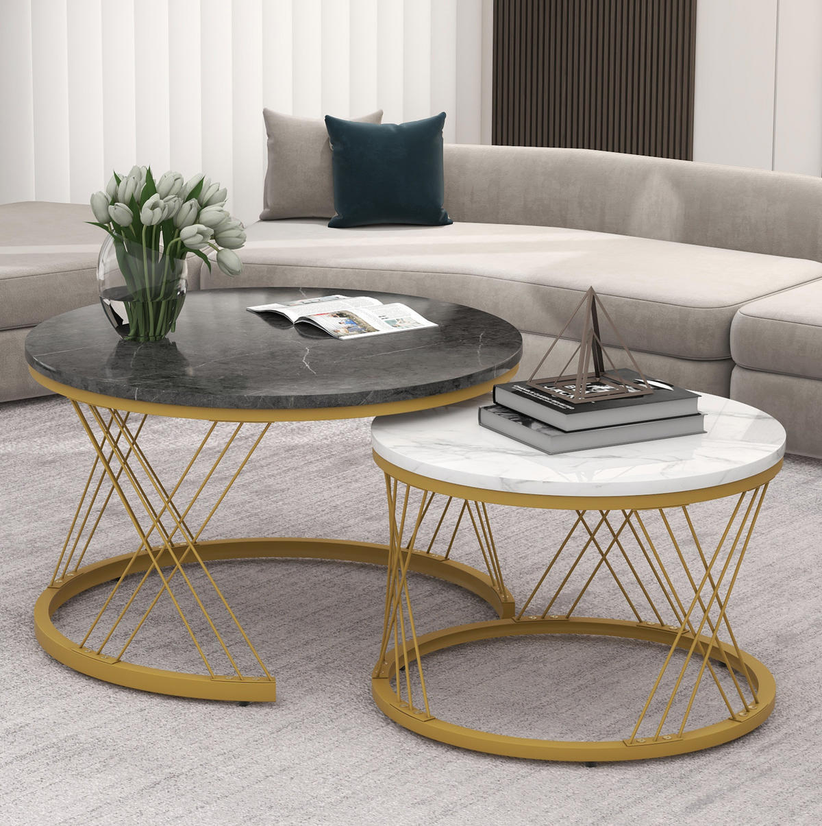 COUCHTISCH-SET 70/45 cm mit Marmordekor & Nesting-Funktion - Grau, Holzwerkstoff (70/70/45cm) - BEAOK