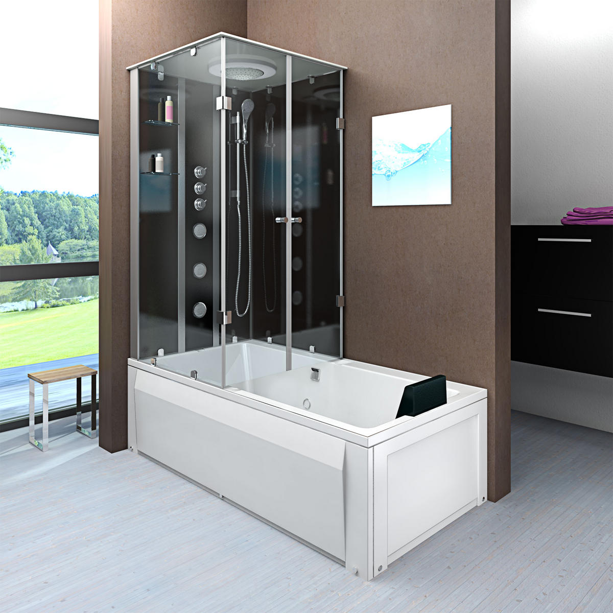 DUSCHE Wanne Kombination K05-R32 90x180 - Schwarz, Glas/Kunststoff (180/225/90cm) - AcquaVapore by Sandra Jentho