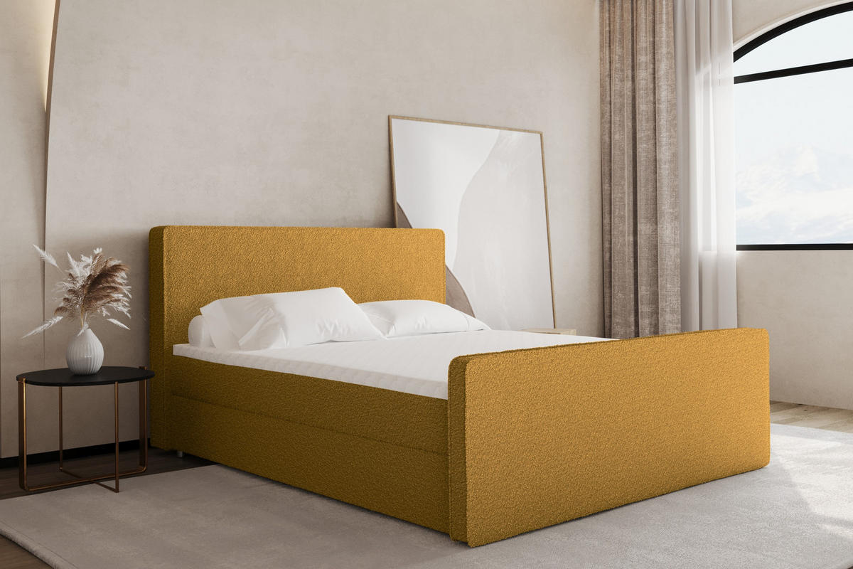 BOXBETT mit Bettkasten Matratze Topper LAGUNE Stoff Loop Senffarbe 200x200 cm H3-Bonell - Gelb, Holz/Holzwerkstoff (200/200cm) - Kaiser Möbel