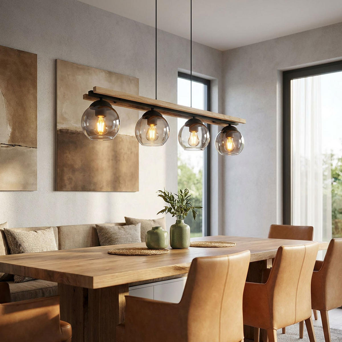 HÄNGELEUCHTE Metall Eichenholz Schwarz 4 Flammig - Schwarz, Holz (85/15/120cm) - Globo Lighting