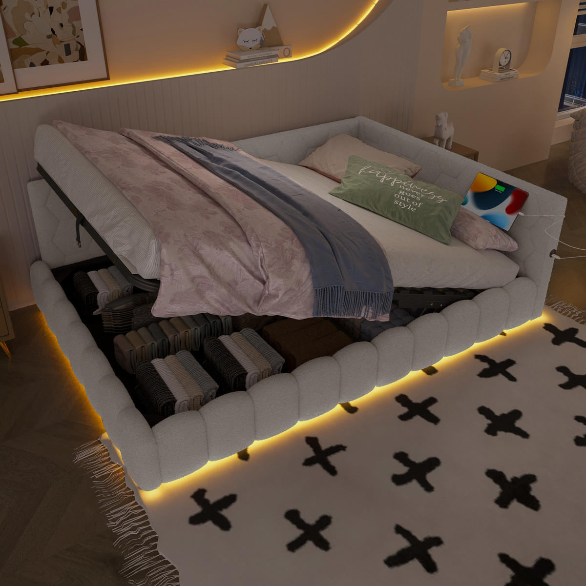 TAGESBETT 140/200 cm mit LED-Lichtleiste, USB, Typ-C und hydraulischem Bettkasten, Weiß - Weiß, Textil (140/200cm) - Redom