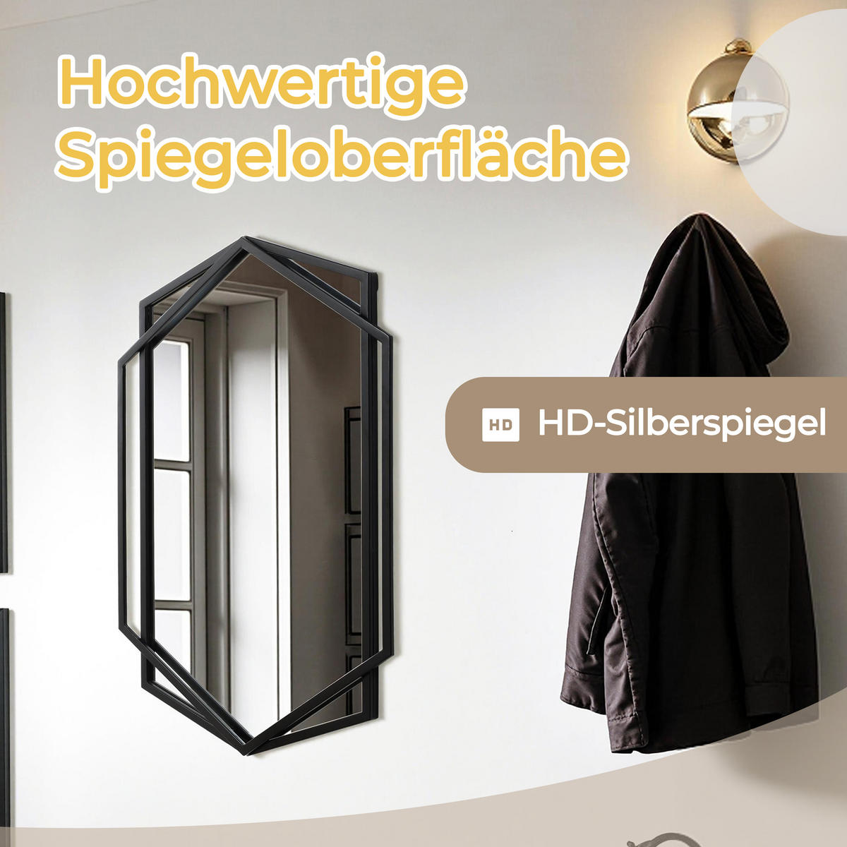 HEXAGON Wandspiegel Schwarz 71x50cm - Schwarz, Glas (3/71/48.5cm) - Hometopia