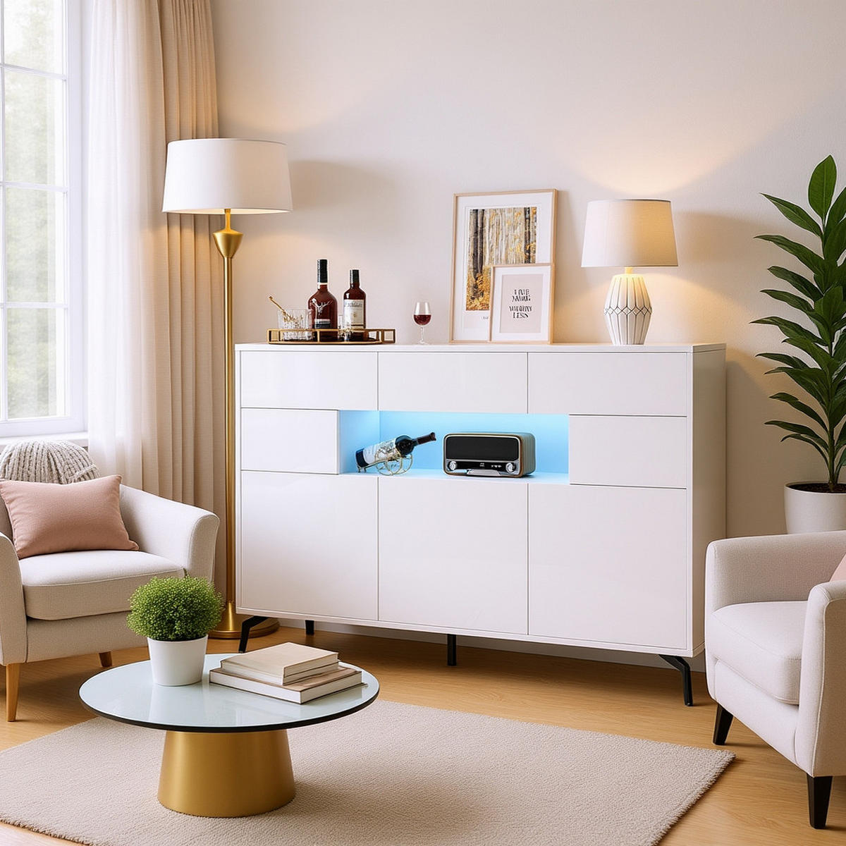 SIDEBOARD 140 cm Hochglanz-Kommode mit 3 Schubladen, 5 Schränken & LED-Lichtleiste Weiß - Weiß Hochglanz, Holzwerkstoff (140/94/30cm) - Urban Meuble