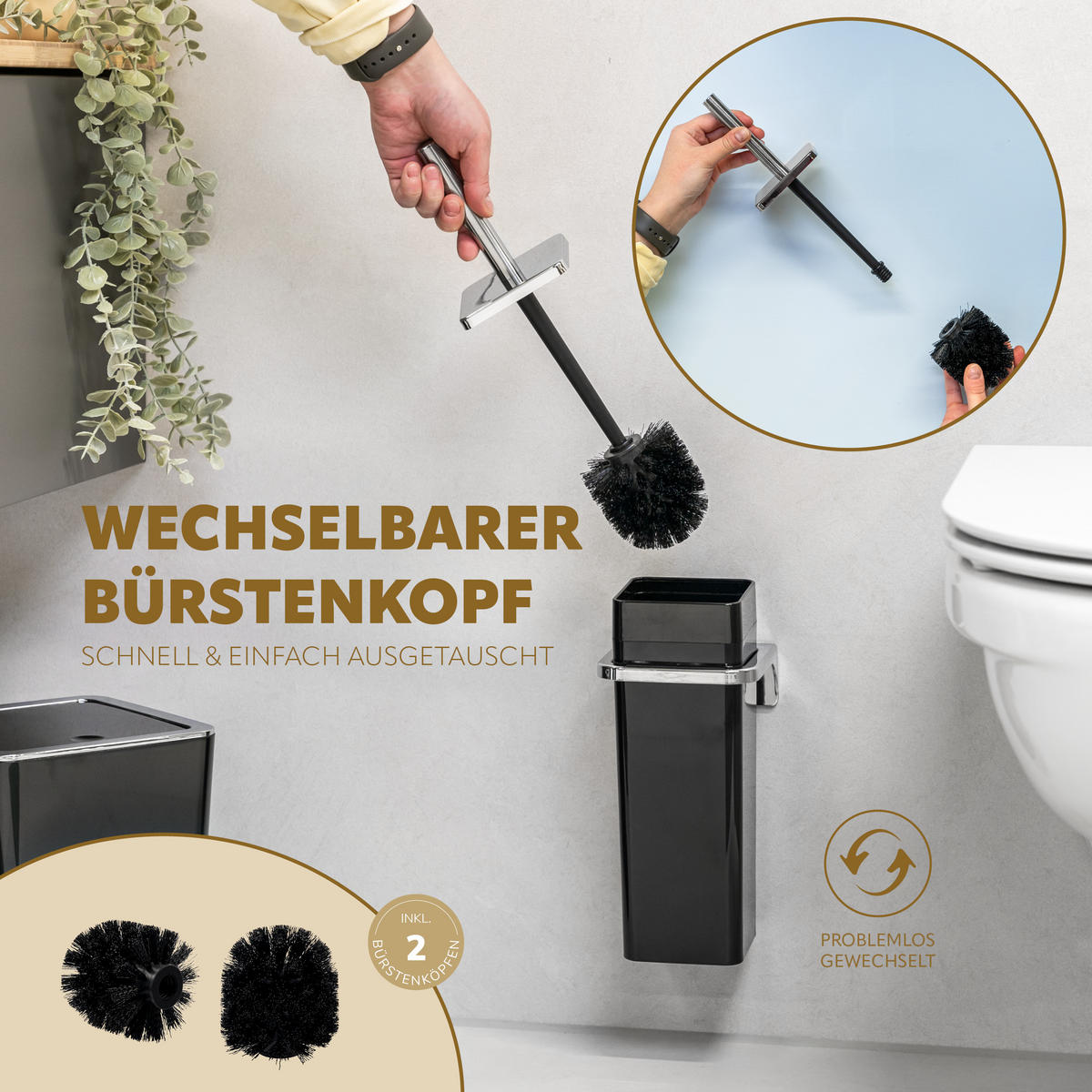 BAD-SET 2tlg. Kosmetikeimer WC-Bürste zur Wandmontage, schwarz - Schwarz, Kunststoff (10/36.5/10cm) - bremermann