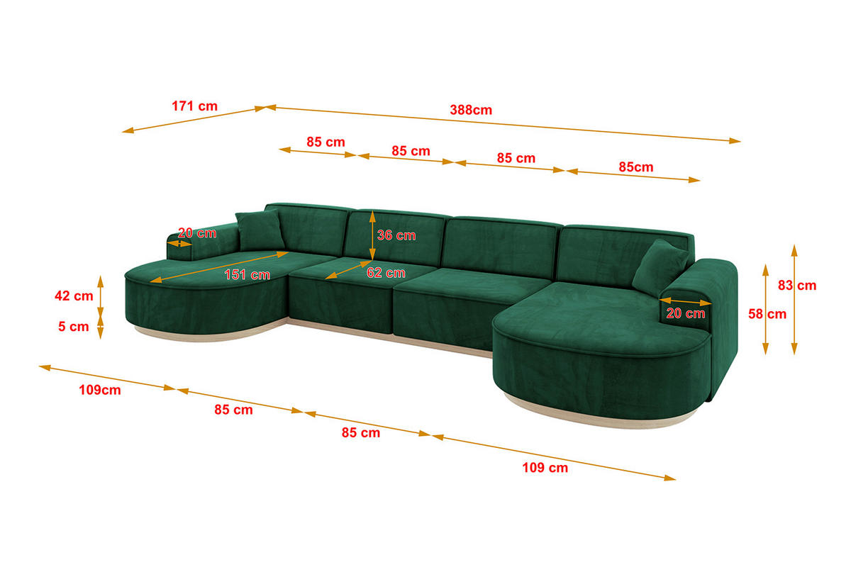 WOHNLANDSCHAFT MARI-U2-v1 - 388x171x83 cm Grün Velours - Grün, Holzwerkstoff/Textil (388/83/171cm) - ALTDECOR