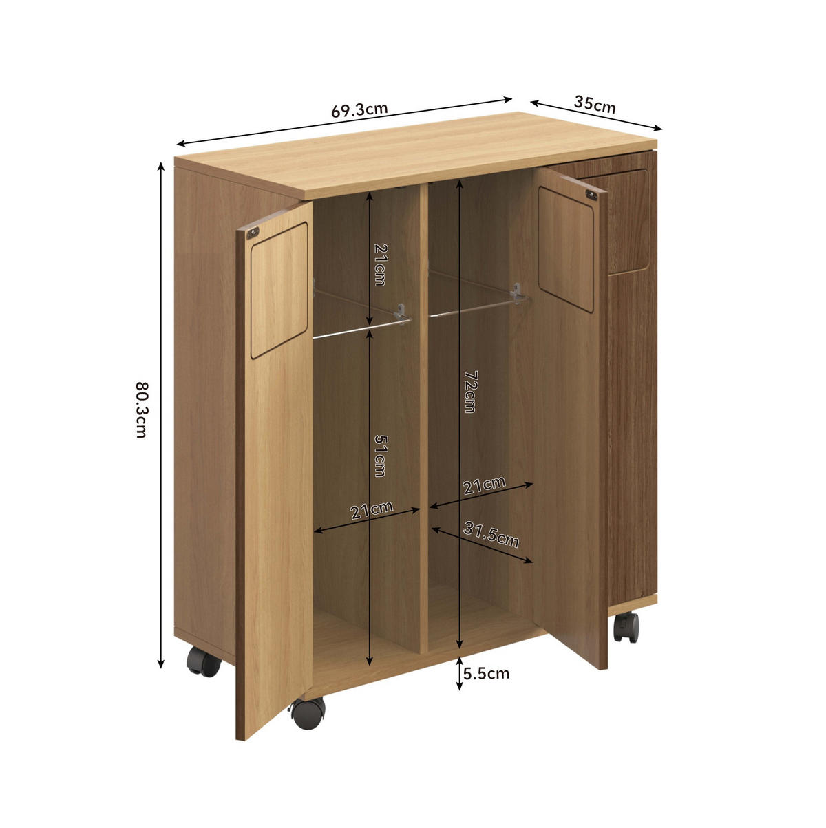 SKŘÍŇKA na třídění odpadu z MDF 69,3x35x80,3 cm přírodní na kolečkách se 3 přihrádkami a dvířky 180° - přírodní, kompozitní dřevo (70/80/35cm) - Modfu