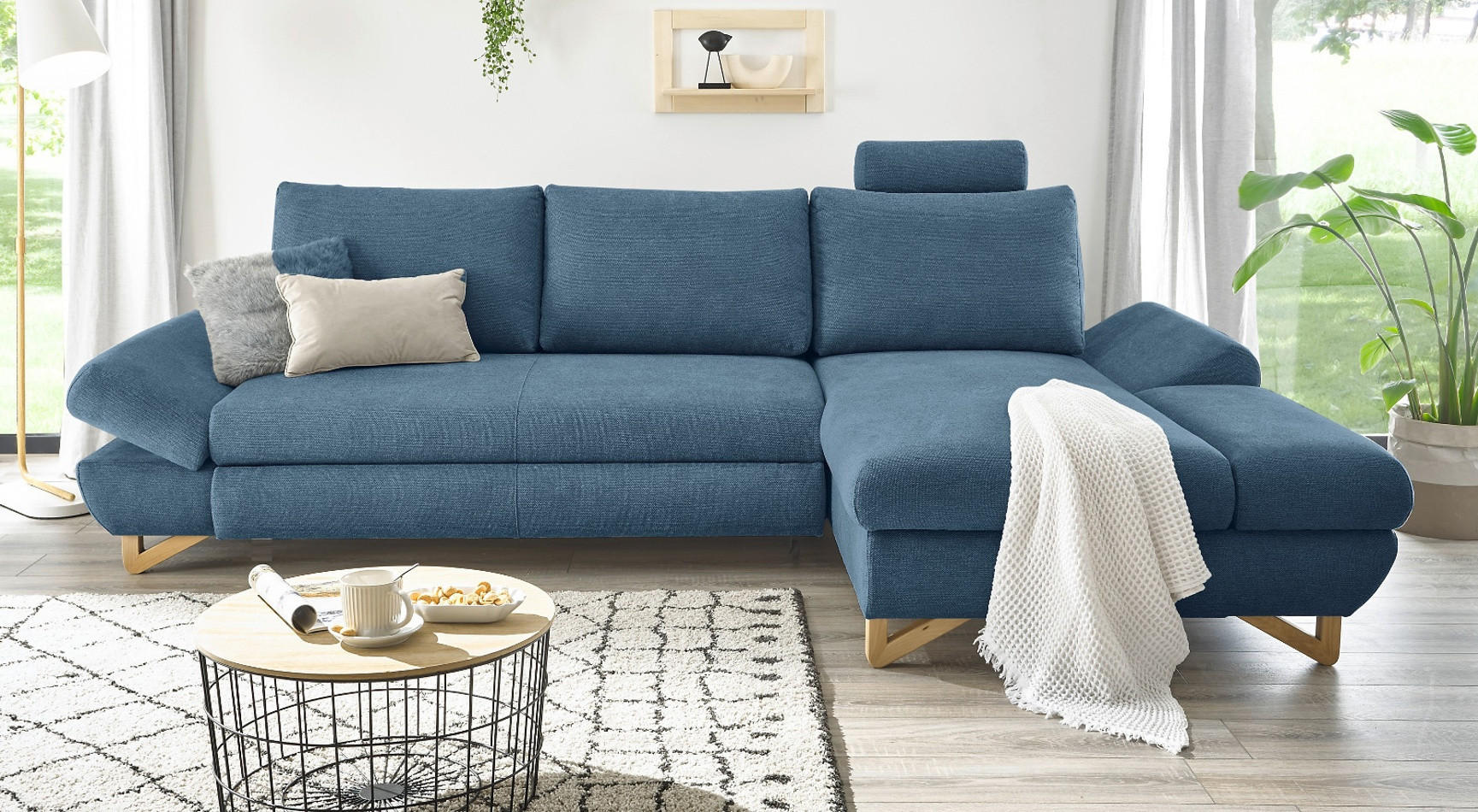 ECKSOFA blau Struktur-Stoff, Wohnzimmer Sofa - Blau, Holz/Textil (284/166cm) - Furn.Design
