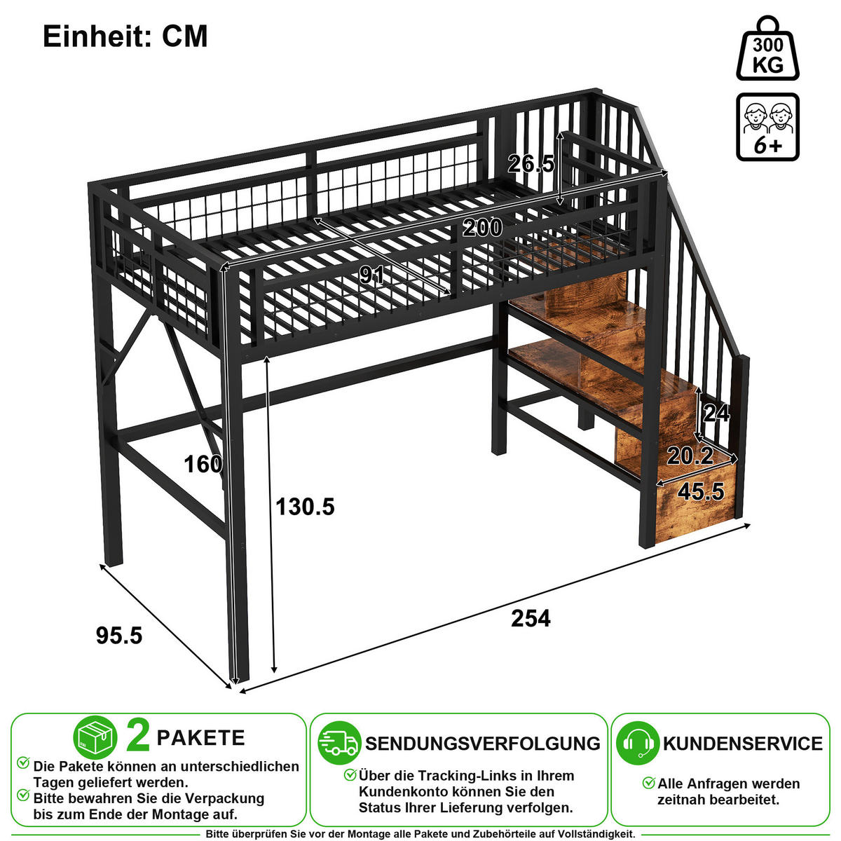 HOCHBETT 90/200 cm in Schwarz mit LED und Stauraum - Schwarz, Holzwerkstoff/Metall (90/200cm) - CHICFURN