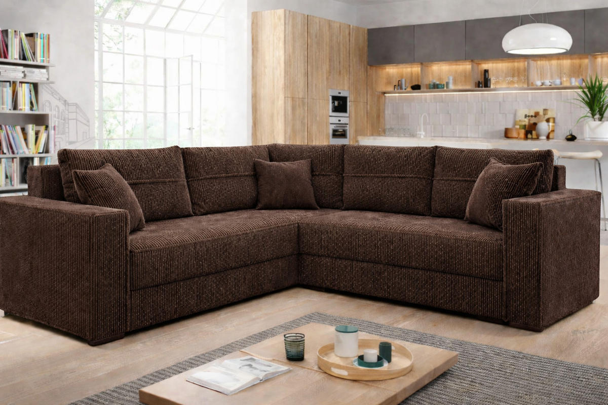 ECKSOFA PARIS – L-Form mit Schlaffunktion & Bettkasten Flauschiger Cord Stoff POSO Braun - Braun, Kunststoff (239/222cm) - Wohnideebilder