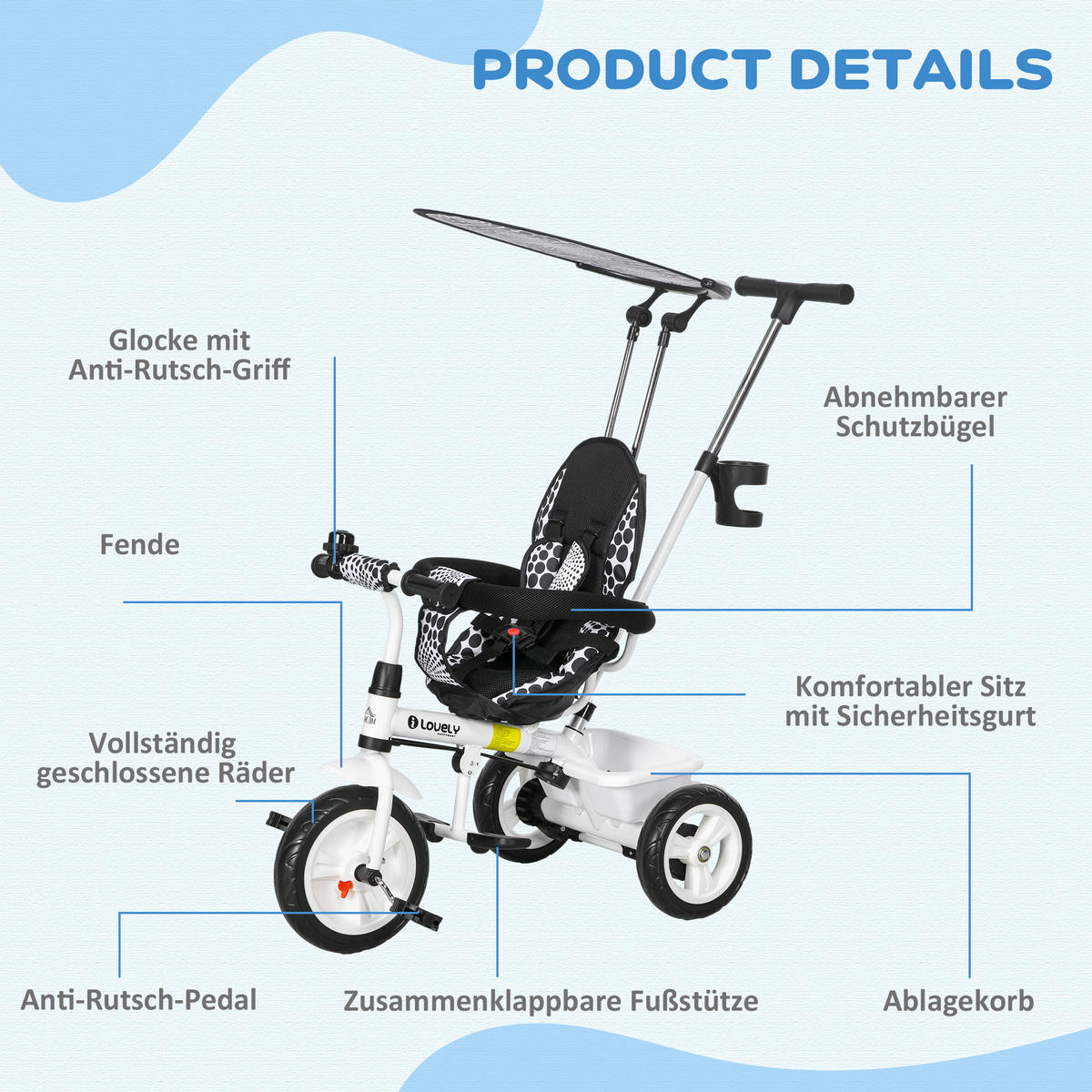 KINDERDREIRAD, Weiß, Metall+ Kunststoff - Weiß, Metall (105/47/98cm) - HOMCOM