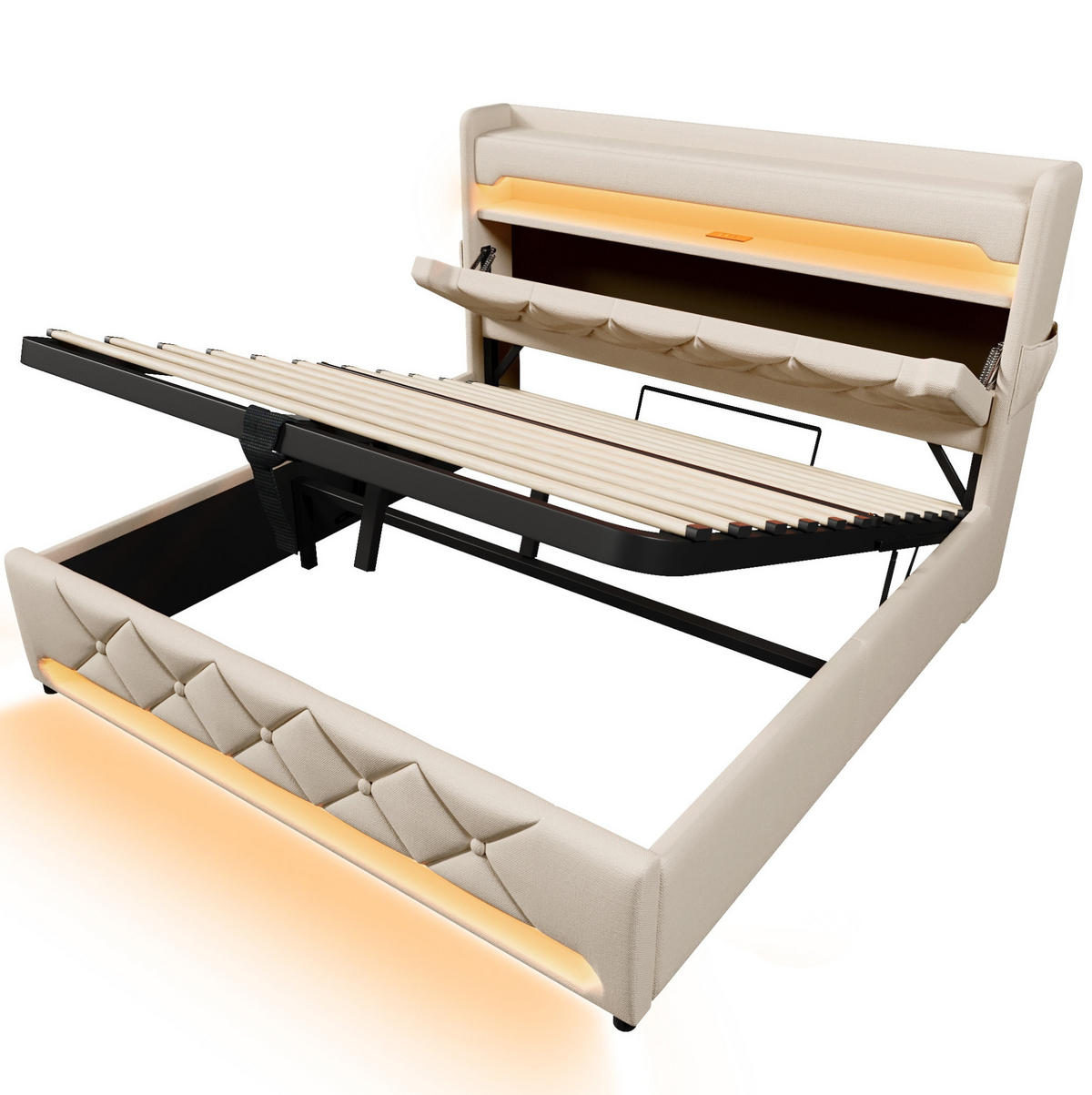 POLSTERBETT 140/190 cm Beige aus Leinen mit Stauraum, LED-Beleuchtung und USB - Beige, Textil (140/190cm) - Flora Grace