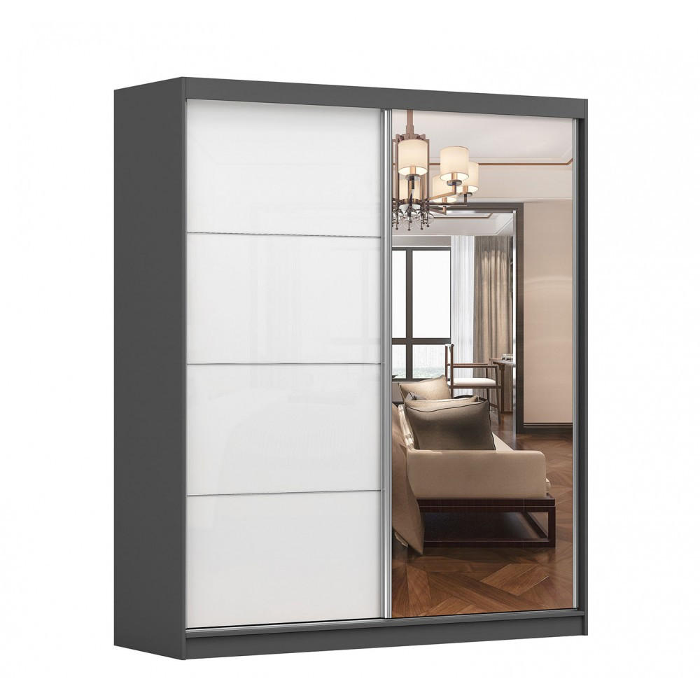 SCHWEBETÜRENSCHRANK Multi 35 Grau/Weiß Semigloss + Spiegel 183 cm - Alufarben/Weiß, Glas/Holzwerkstoff (183/218/61cm) - imoebel24