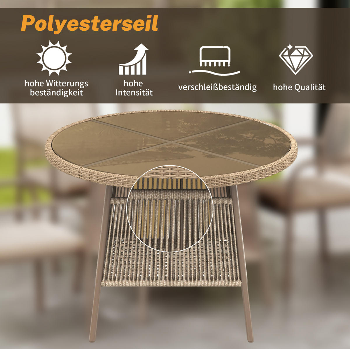 GARTENMÖBEL-SET 110/110/74 cm mit rundem Glastisch, 4 Sesseln und Sitzkissen, Braun - Braun, Metall - Redom