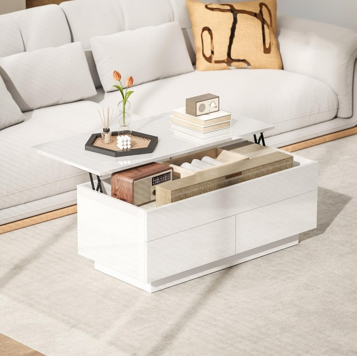 COUCHTISCH 102/48/40 cm höhenverstellbar mit Stauraum und 2 Schubladen aus Holz und Metall, Hochglanz Weiß - Weiß, Holzwerkstoff (102/48/54.5cm) - Redom