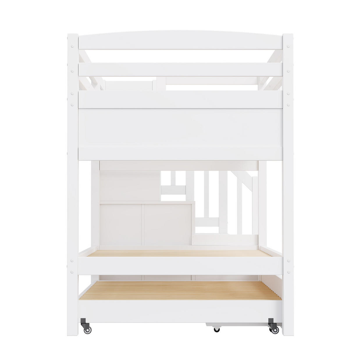 ETAGENBETT aus MDF und Kiefer 90x200 cm Weiß mit Ausziehbett, Stauraumtreppe und Kleiderschrank - Weiß, Holzwerkstoff (90/200cm) - Modfu