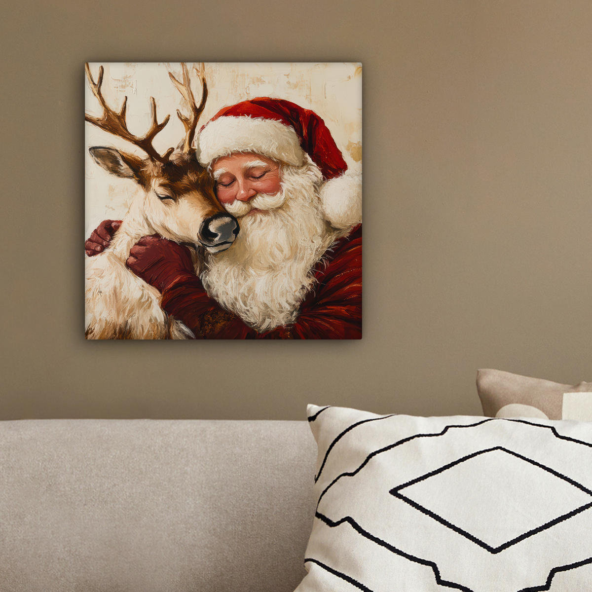LEINWANDBILD Weihnachtsmann - Rentier - Weihnachten 20x20 cm - Rotbraun, Textil (20/20cm) - MuchoWow