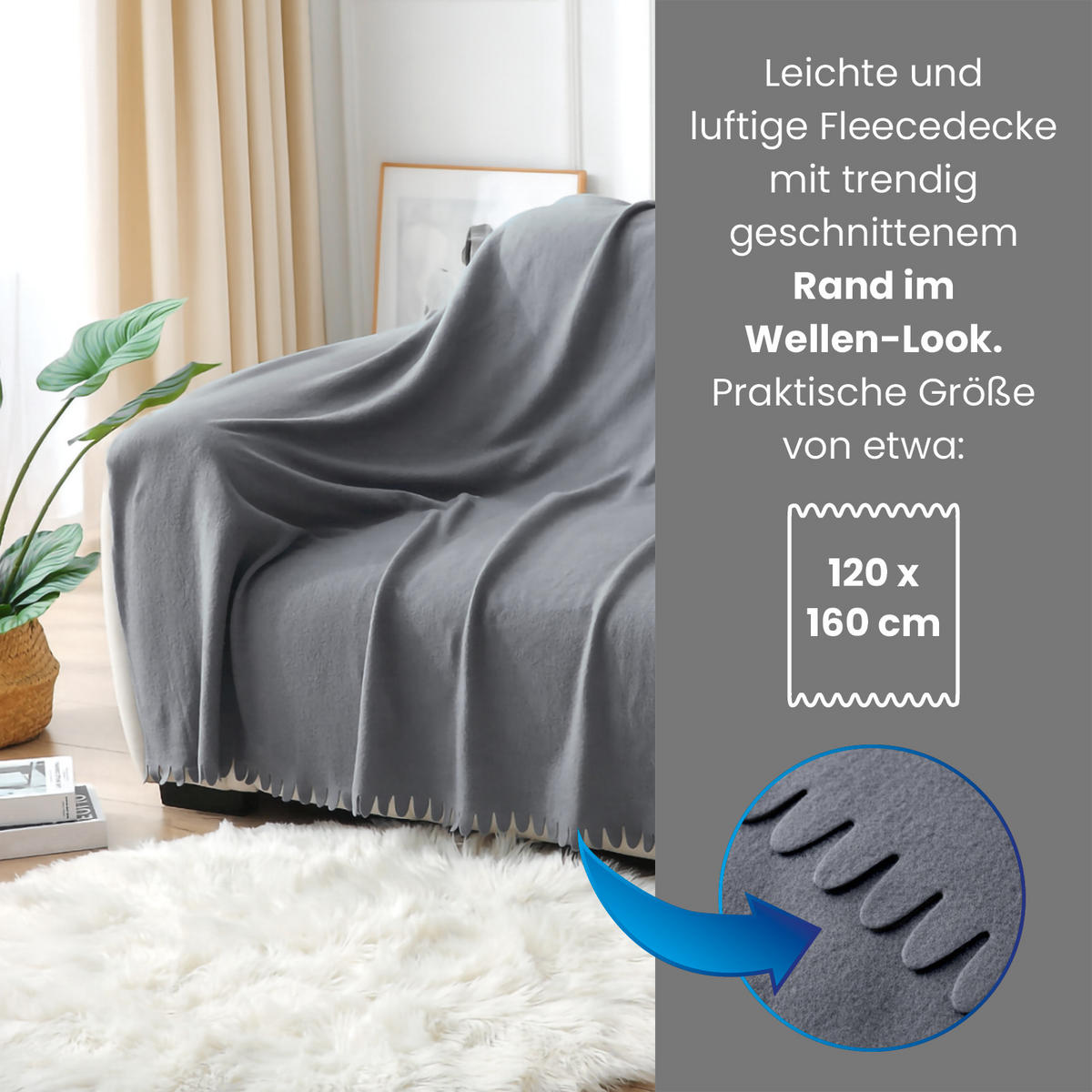 FLEECEDECKE WAVE 16er Set grau 120/160 cm Wellenrand Anti-Pilling - Grau, Textil (120/160cm) - wometo
