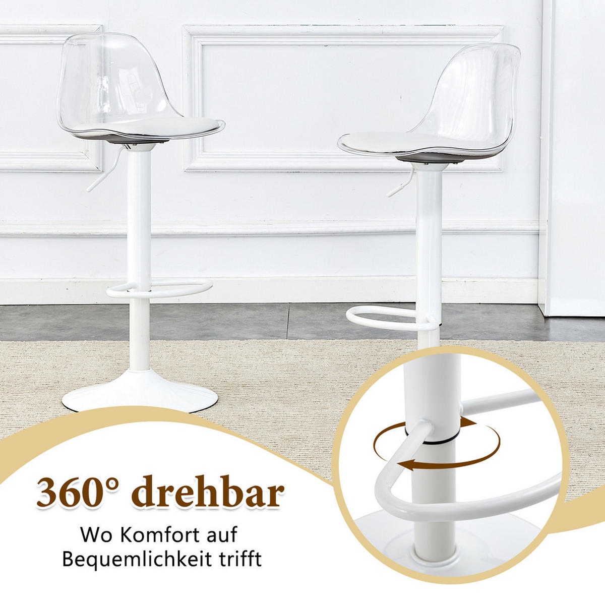 TISCHGRUPPE 3-tlg Glastisch 89 cm mit 2 Barhockern Höhenverstellbar Drehbar - Transparent, Glas/Metall (49.5/50/51cm) - Raelunyi
