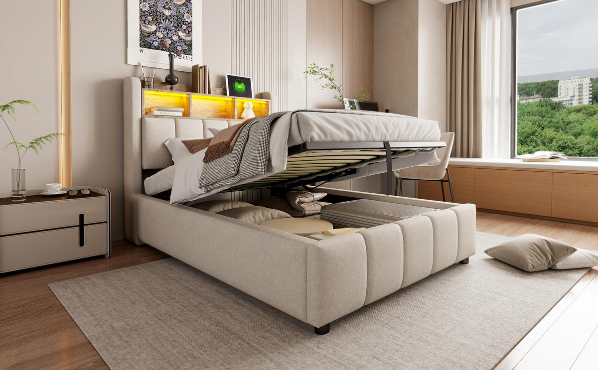 POLSTERBETT 90x200 cm LED USB Stauraum beige - Beige, Textil (90/200cm) - LEBENLANG
